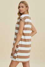 Full Size Striped Round Neck Cap Sleeve Mini Dress For Women – Striped Mini Dress, Full-Size Round Neck Dress, Comfortable Cap Sleeve Dress, Chic Striped Dress, Flattering Mini Dress, Casual Everyday Dress, Versatile Striped Dress Stevvex