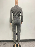 Pant Sets Long Sleeve Women Tracksuit Zipper Denim Coat Cargo Ankle Length Pants Pockets High Street Spliced Slim 2024 Purplish Diva