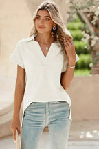 White Textured V Neck Collared Split Hem T Shirt