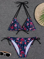 Sunset Bloom 2-Piece Triangle Bikini Set for Women – Vibrant Random Floral Print Halter Neck Swimsuit with Tie-Back Tie-Side Bottoms & High Cut Legs – Women's High-Stretch Swimwear for Summer Beach Escapes