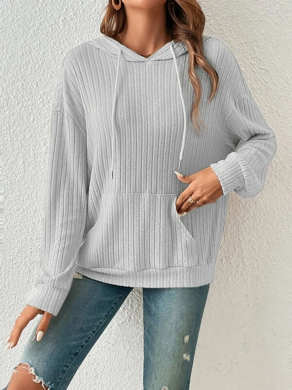 Fashion Drawstring Long-sleeved Hooded Sweatshirt With Pockets Solid Sunken Stripe Hoodie Knitwear Womens Clothing Pi-Mart