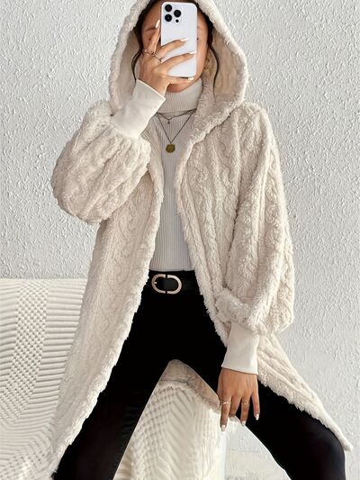 Beige Long Winter Open Front Long Sleeve Fuzzy Hooded Jacket Cozy & Stylish Outerwear Stevvex