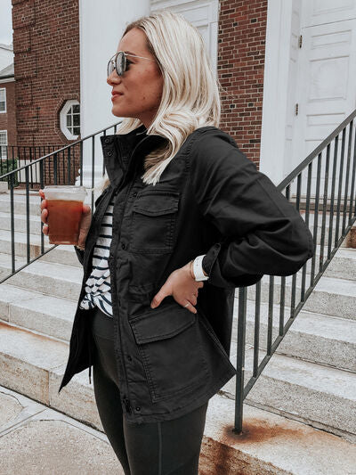 Retro Pocketed Long Sleeve Zip-Up Jacket Lightweight & Stylish Outerwear for Everyday Wear Stevvex