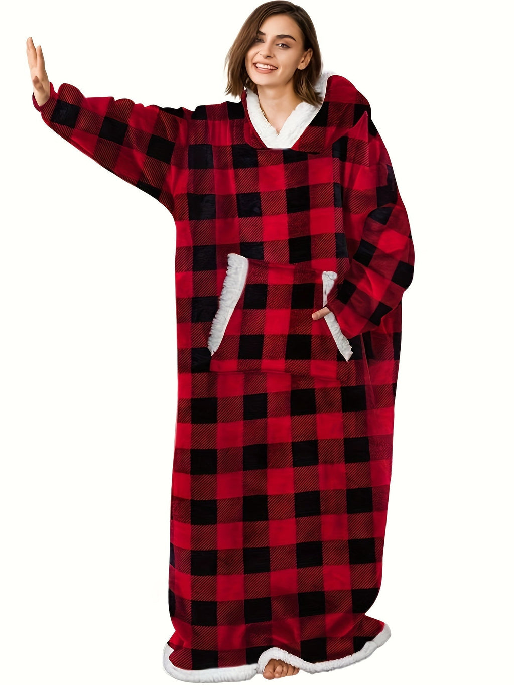 Women's Casual Lounge Robe - Plus Size Sherpa Fleece Hooded Extra Long Warm Oversized Wearable Blanket With Pockets - For Women - Perfect for Cozy Nights & Relaxation - Ideal Gift for Birthday & Holidays