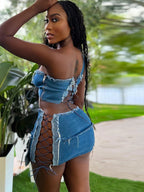 Skirt and Top Set Woman Summer 2 Piece Outfit Hollow Out Strapless Strap with Short Mini Skirt Night Club Wear Blue Denim Set Purplish Diva
