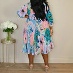 Plus Size Women's Abstract Watercolor Floral Print V-Neck Wrap Midi Dress 3/4 Sleeve Elegant Look Purplish Diva