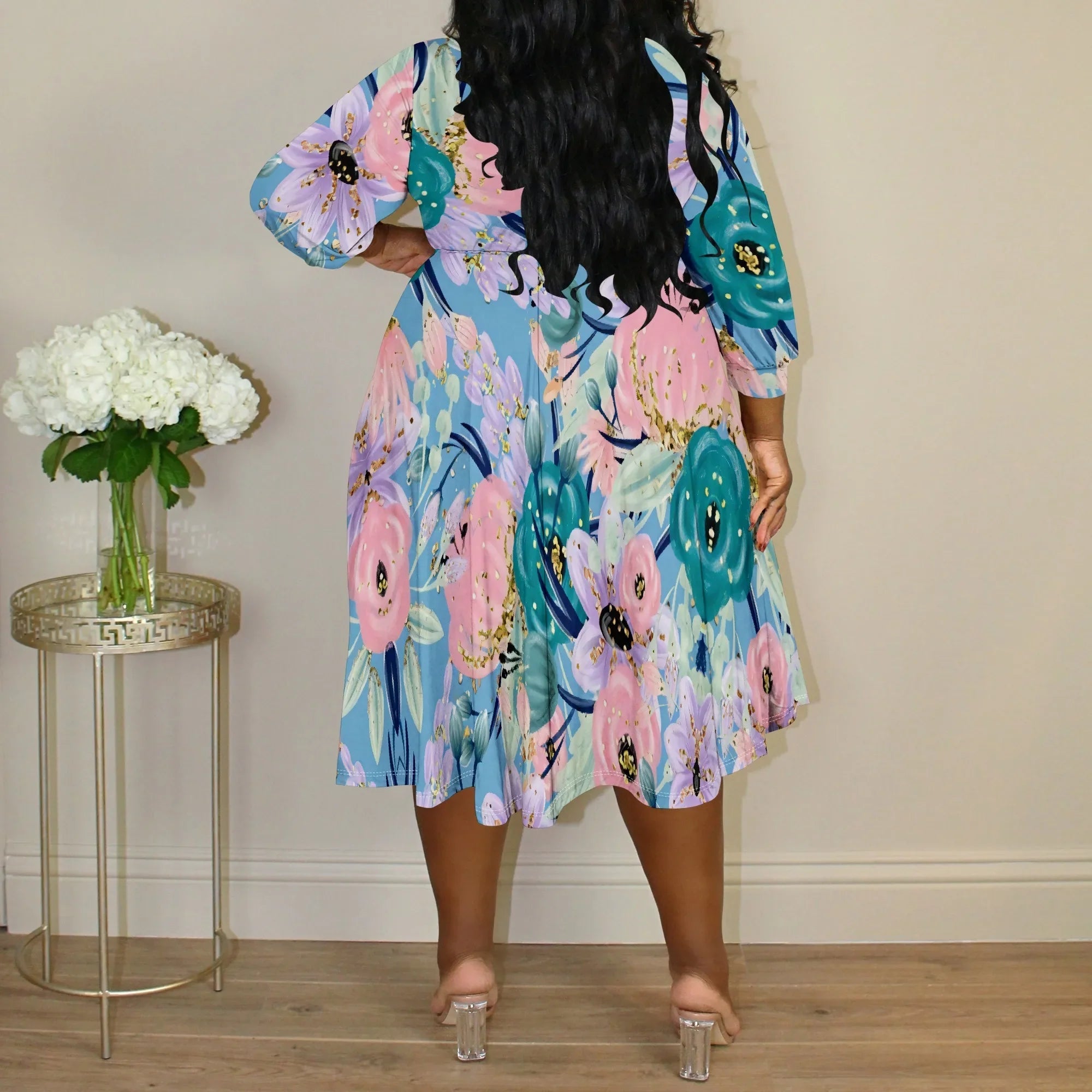 Plus Size Women's Abstract Watercolor Floral Print V-Neck Wrap Midi Dress 3/4 Sleeve Elegant Look Purplish Diva