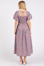New Summer Smocked Floral Square Neck Puff Sleeve Midi Dress – Vintage-Inspired, Feminine, Trendy, Romantic, and Flattering Fit