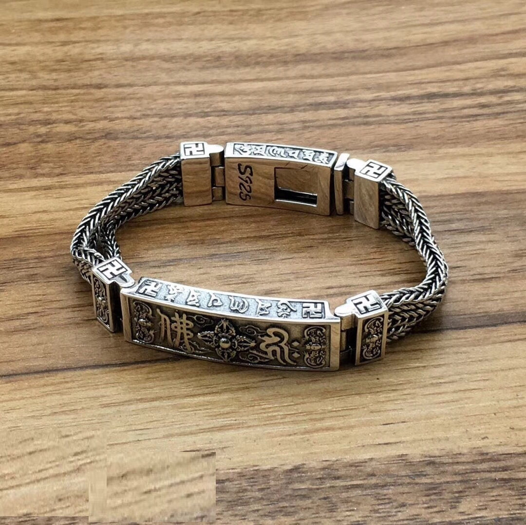 S925 Sterling Silver Men's Vintage Bracelet Six Words Mantra Pi-Mart