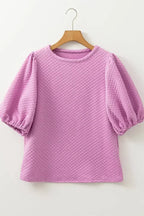 Phalaenopsis Puff Sleeve Blouse - Textured O-Neck Top | Femstylo