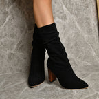 Pointed Toe High Block Heels Boots Woman Winter Warm Mid-calf Suede Long Boots New Fashion Trendy Solid Shoes For Party Lady Pi-Mart