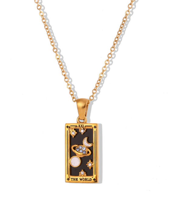 Fashion Tarot Necklace With Rhinestones Diamond Set Pendant Stainless Steel Rectangular Drip Necklace Jewelry Pi-Mart