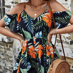 Ladies' Camisole, Off Shoulder, Hanging Pleats, Lotus Leaf Sleeves, Floral Tropical Print, Vacation Style Jumpsuit - SJB-DIAMOND ELITES