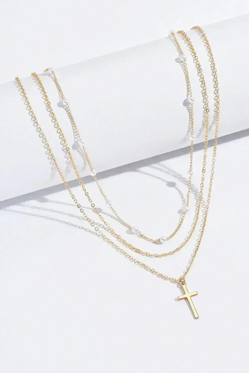Gold Retro Multi-Layer Pearl and Cross Pendant Necklace Set