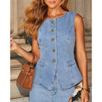 KADUWAKI Slim Denim Waistcoat Jeans 2pc Women Elegant Single Breasted O Neck Vest Wide Leg Pants Spring Lady High Street Outfits Purplish Diva
