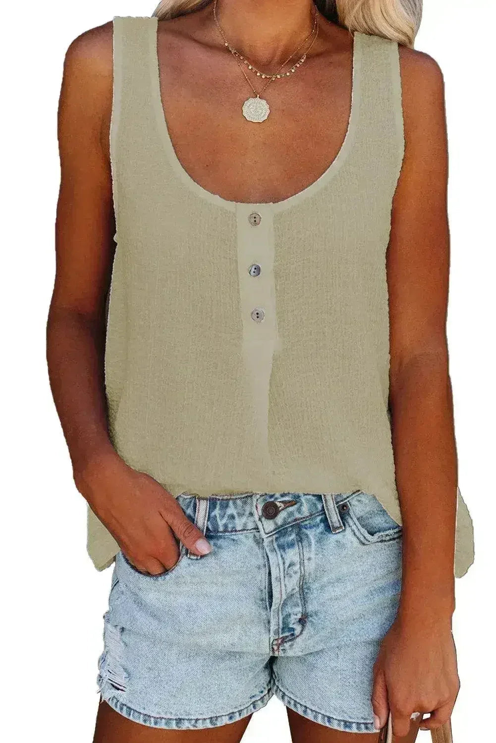 Button Textured Cotton Tank Top - SJB-DIAMOND ELITES