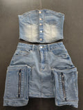 Y2k Fashion Vintage Washed Denim Set Women Off Shoulder Cropped Top Mini Skirt Jean Suit Summer Streetwear 2 Two Piece Outfits Purplish Diva