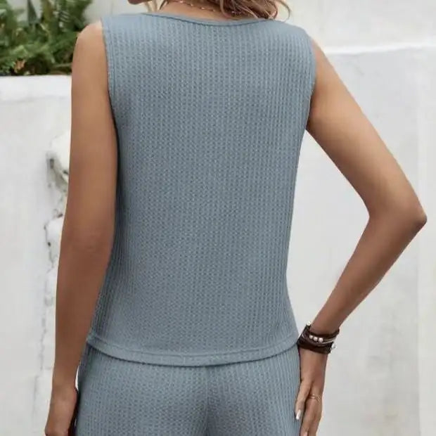 Women's Solid Color Set Knitted With Two-piece Vest Top And Drawstring Shorts Set - SJB-DIAMOND ELITES