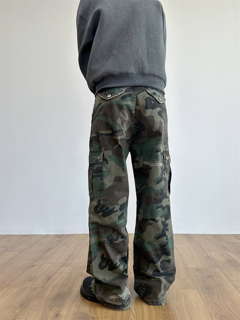 Distressed Military Camouflage Destruction Affixed Cloth Embroidered Loose Straight Cargo Pants Lootquake LLC