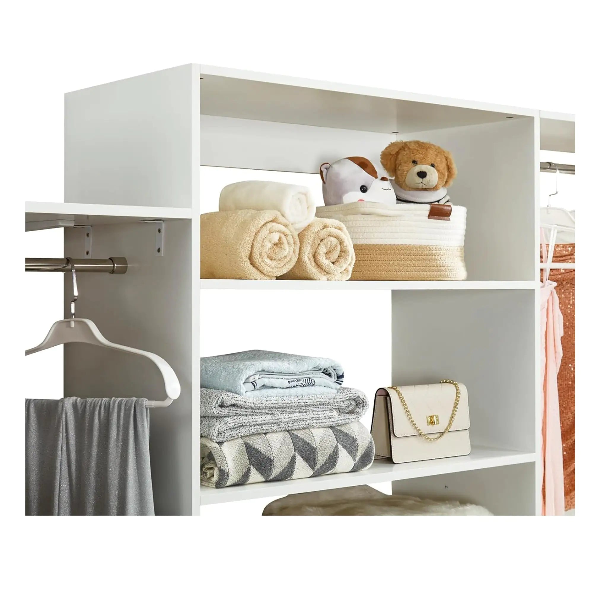306 Closet Organizer System with Closet Shelves Wall Mounted, White Clothing Racks for Hanging Clothes, Clothes Organizer with Closet Drawers, Wooden Wardrobe Closet System with Hanging Rod Pi-Mart