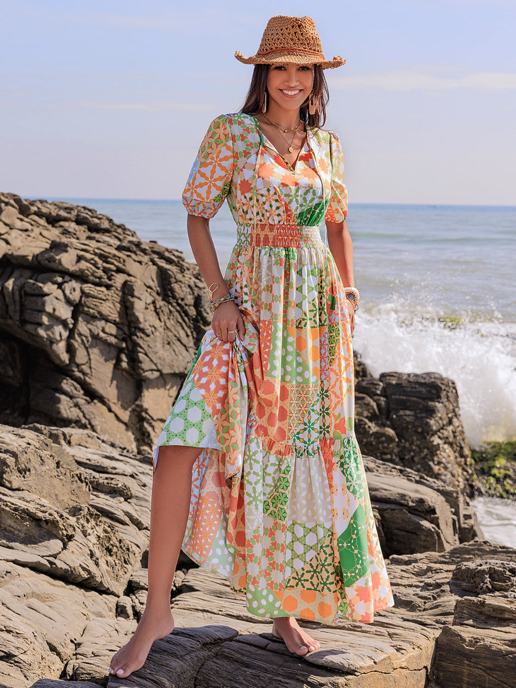 Printed Smocked Waist Short Sleeve Maxi Dress Elegant & Flowy Boho Style Dresses For Women