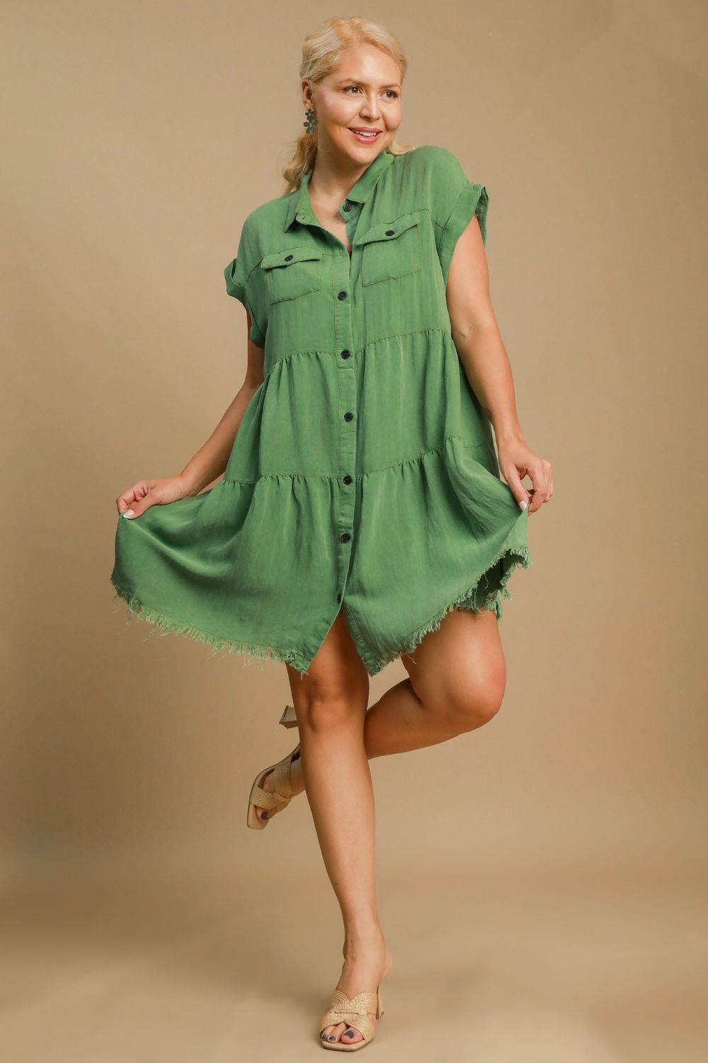 Green Full Size Button-Down Shirt Dress Plus Size Casual & Simple Lightweight Dress Stevvex