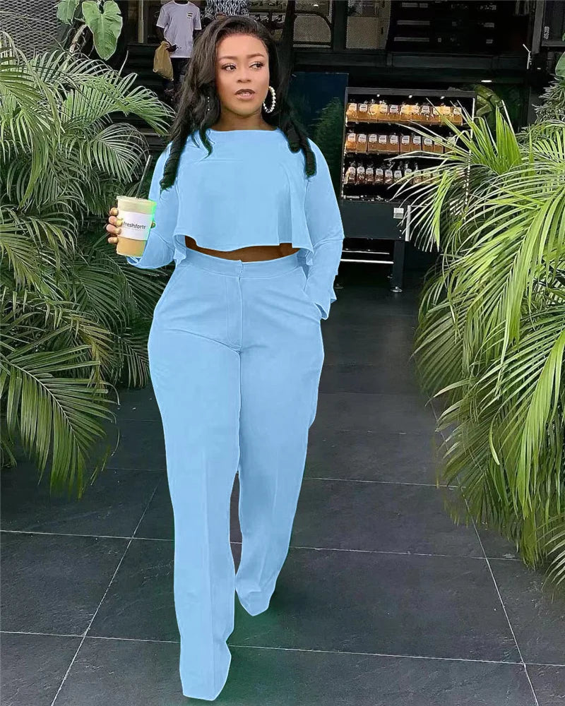 Elegant Work Wear Two Piece Set Fall Clothes for Women Ruffles Crop Top and Wide Leg Pants Suits Matching Sets Sexy Club Outfits Purplish Diva
