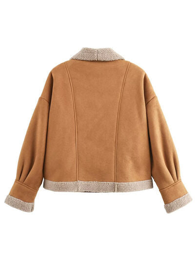 Fuzzy Collared Neck Long Sleeve Jacket with Buttoned Closure and Cozy Pockets Stevvex