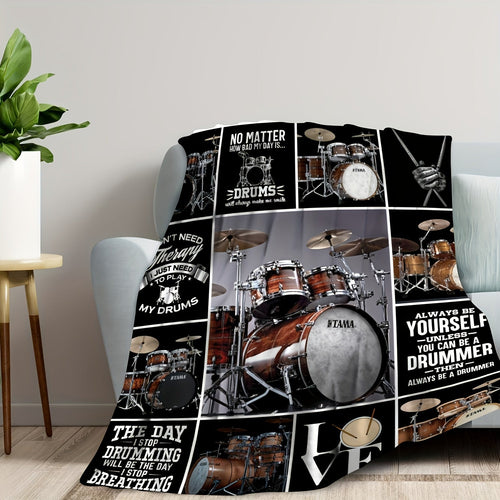 1pc Drum Set Themed Fleece Blanket, Musical Passion Gift, Soft Cozy Music Lover Throw, Bedroom & Living Room Decor, Drummer Inspirational Quotes, Black & White