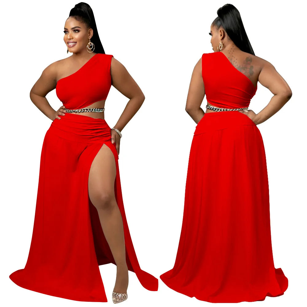 Women Clothes Set Sexy One Shoulder Crop Top Side Split A Line Skirt Beach Party Two Pieces Set Summer 2022 Purplish Diva