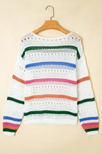 White Colorblock Striped Pointelle Knit Sweater