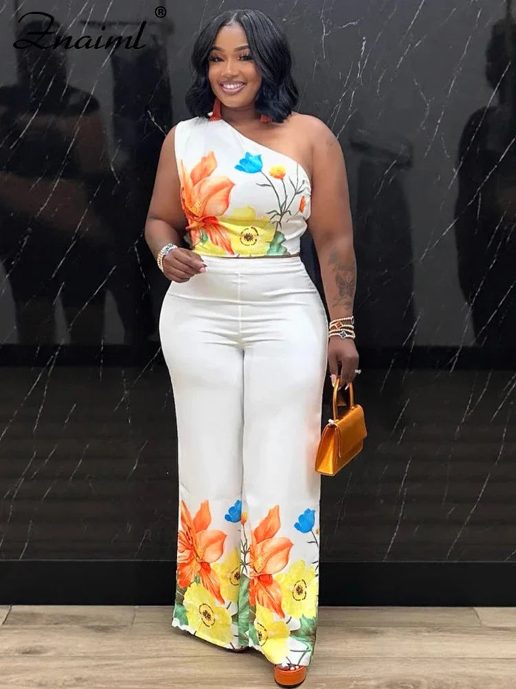 Znaiml Flower Print 2 Piece Pant Set Women Skew Collar Crop Tops and Wide Leg Pants Casual Summer Vacation Party Outfits 2025 Purplish Diva