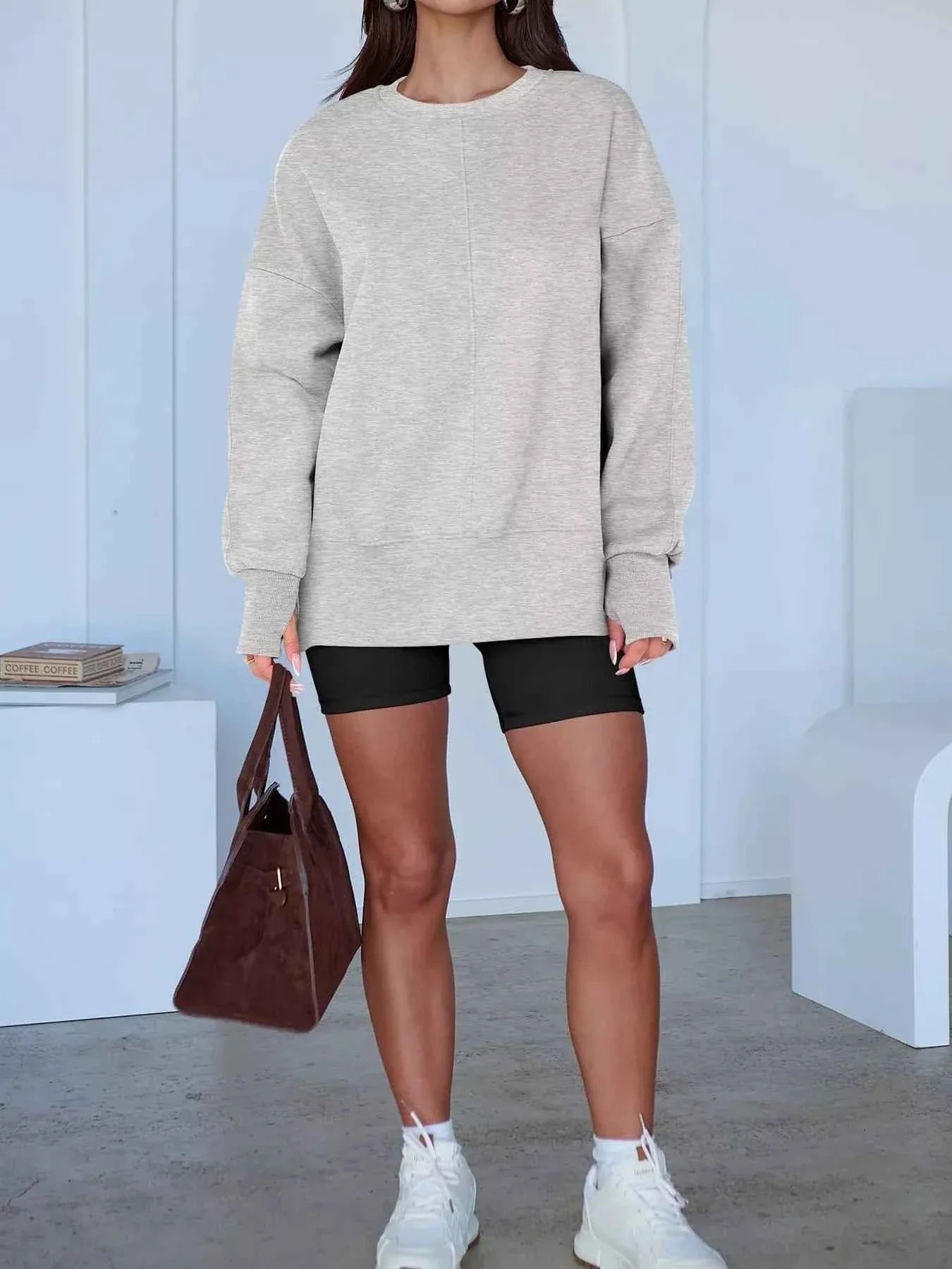 Side Slit Round Neck Long Sleeve Sweatshirt THRIXINE