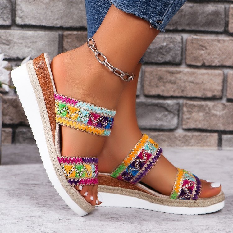 Fashion Wavy Pattern Woven Sandals Summer Casual Ethnic Style Slippers Linen Bottom Wide Strap Wedges Shoes For Women Pi-Mart