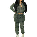 FAGADOER Fashion Denim Two Piece Set for Women Y2k Streetwear Lapel Zip Crop Jacket And Cargo Pockets Stretchy Jeans Outfits Purplish Diva