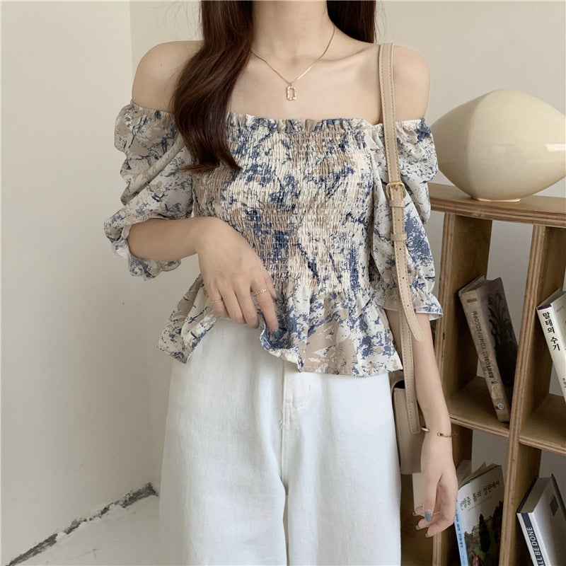 Slim Blouse French Style Tops Leaves Flower Print  Shirt women Elastic Body women's clothing official - SJB-DIAMOND ELITES