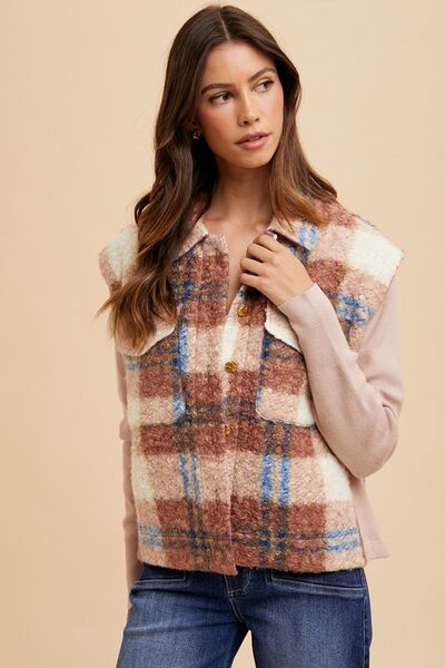 Women Brown Faux Fur Plaid Button-Up Jacket Soft Jacket For Girls Jacket With Closure Stevvex