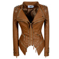 Women's Rivet Slim Washed Leather Motorcycle Jacket Pi-Mart