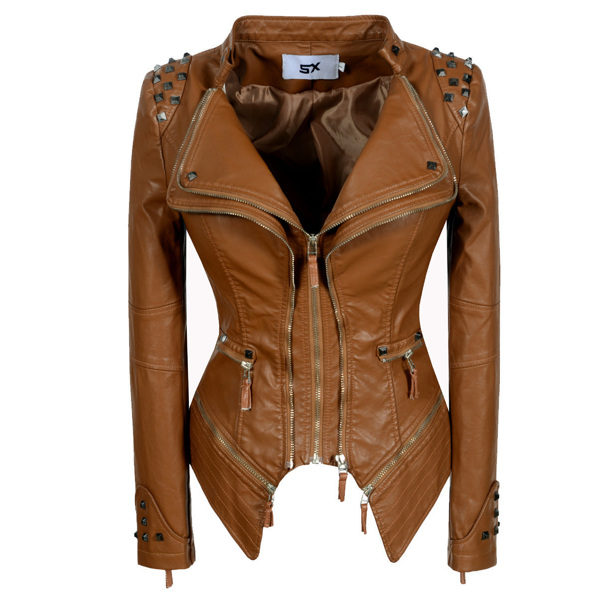 Women's Rivet Slim Washed Leather Motorcycle Jacket Pi-Mart