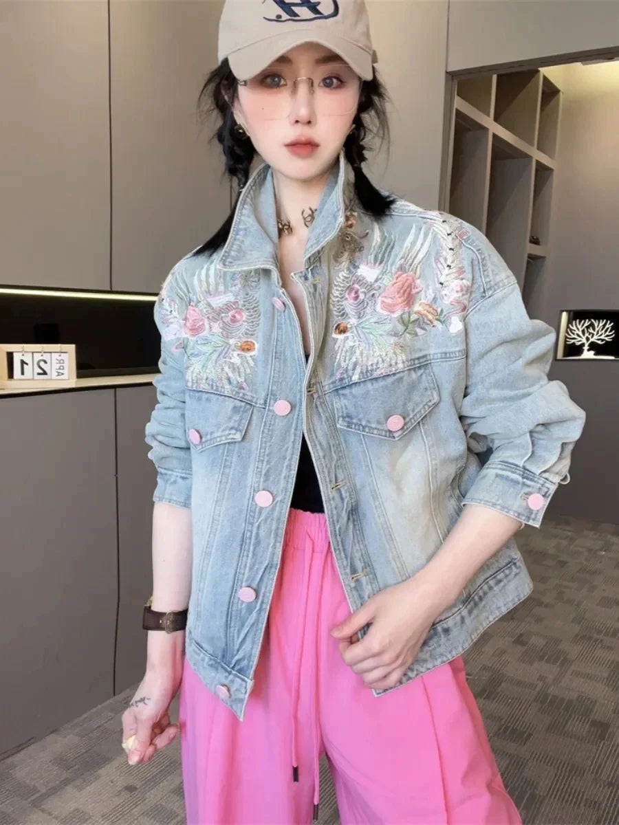 Spring Autumn Short Denim Jacket 2025 New Women's Embroidery Denim Outwear Chinese Style Women Denim Coat Women Loose Jeans Coat Purplish Diva