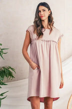Oatmeal Frilled Trim Crewneck Loose Fit Mini Dress