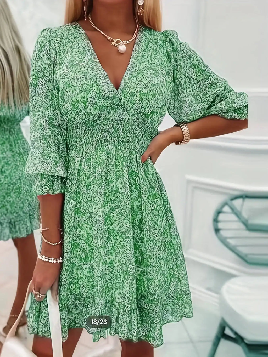 V-neck Printed Dress With Ruffled Waist, Exquisite And Elegant Design-perfect For Spring And Autumn. - SJB-DIAMOND ELITES