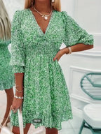 V-neck Printed Dress With Ruffled Waist, Exquisite And Elegant Design-perfect For Spring And Autumn. - SJB-DIAMOND ELITES