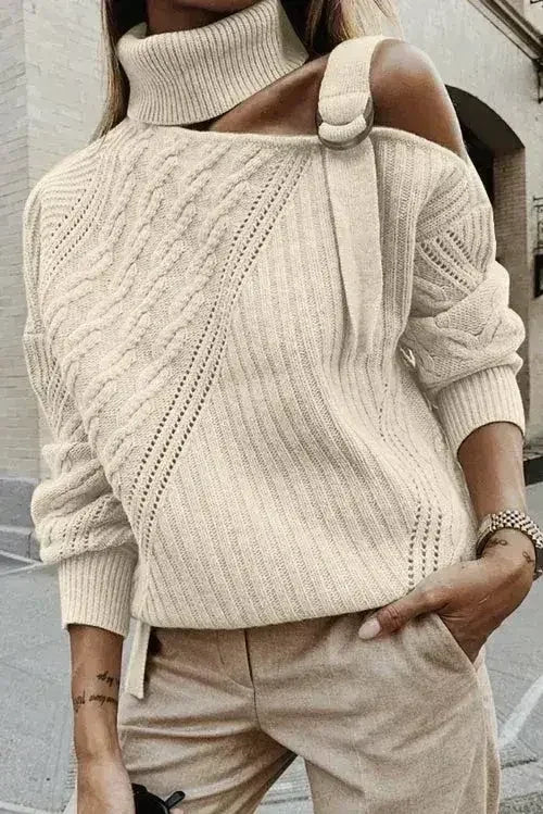 Women's Apricot Strapped Cut out Shoulder Turtleneck Sweater - SJB-DIAMOND ELITES