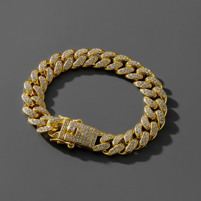 Rhinestone Paved Cuban Link Chain Bracelet Pi-Mart