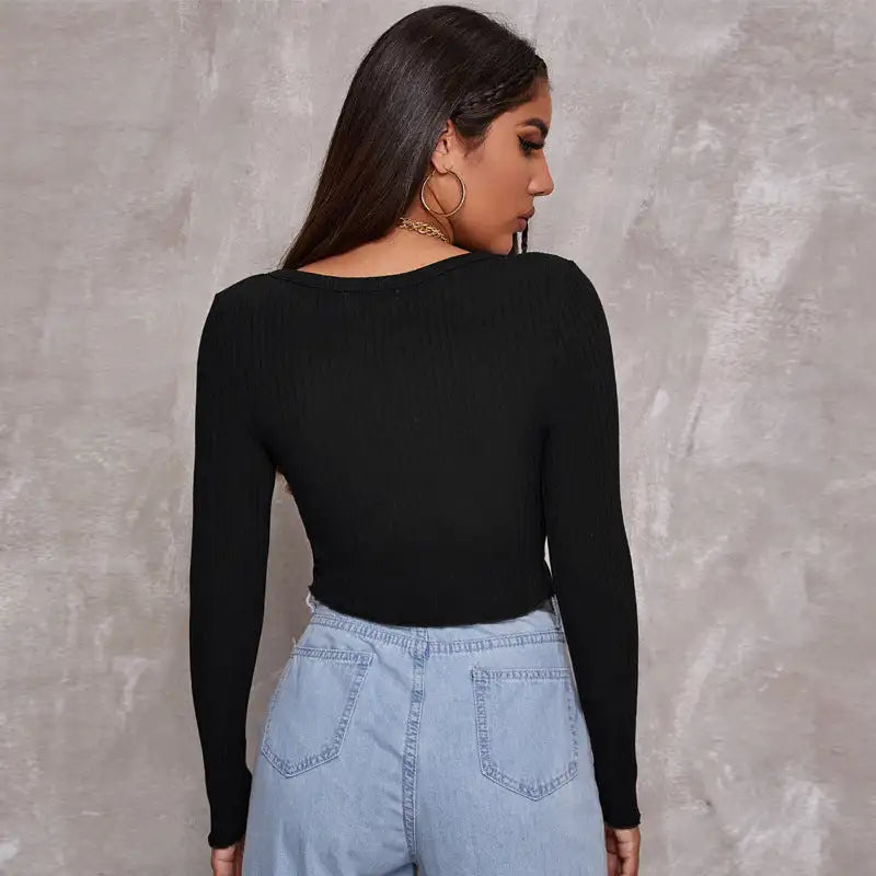 Long Sleeved Crop Cardigan Top Sexy Button Knit T-shirt - SJB-DIAMOND ELITES