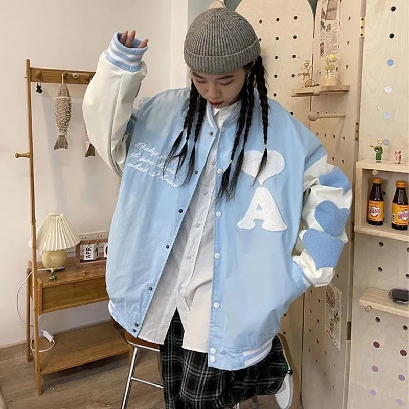 Stitching Heart Embroidery Loose Student Jacket Trendy Pi-Mart