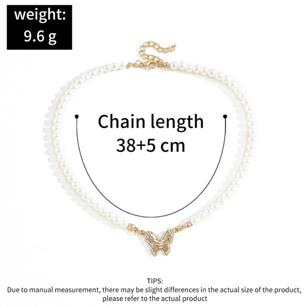 Rhinestone Butterfly Pendant Pearl Necklace Pi-Mart