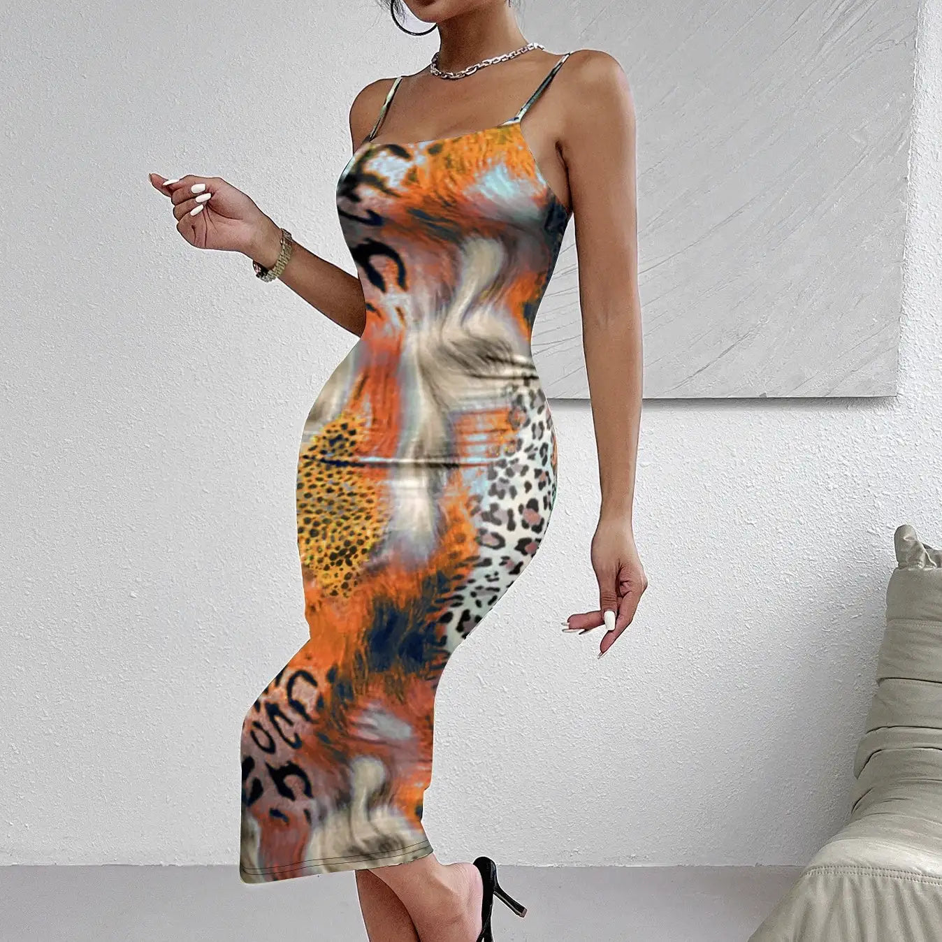 Ladies' Leopard Print Elegant Slimming Vacation Style Suspender Sexy Off Shoulder Dress - SJB-DIAMOND ELITES