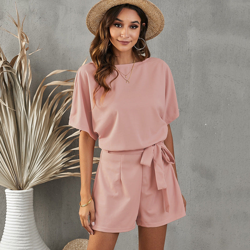 Women's Round Neck Short-sleeved Lace-up Jumpsuit Pi-Mart